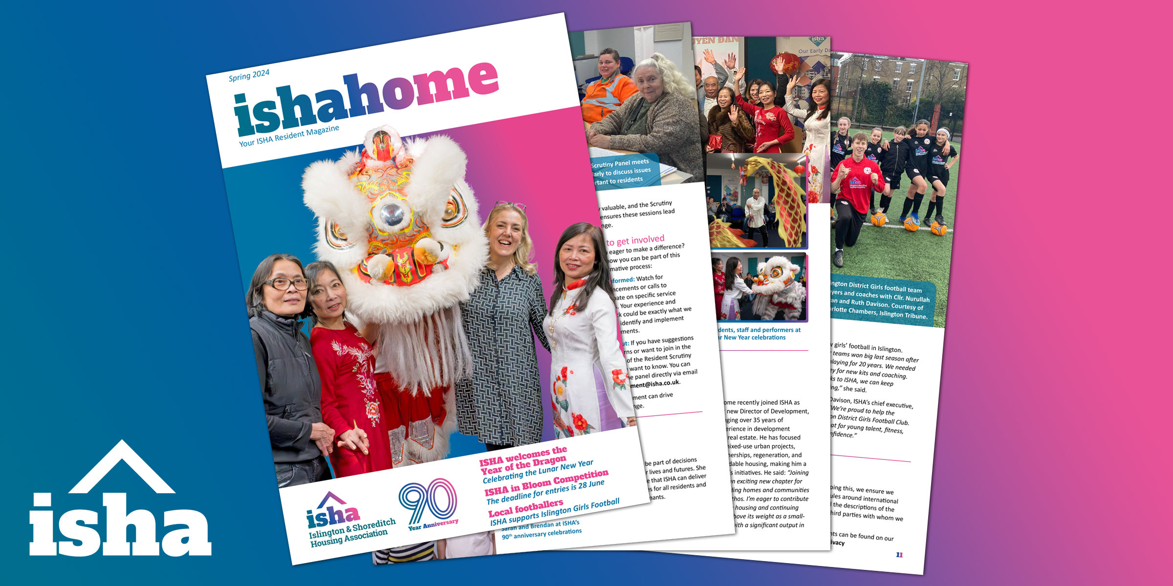 The cover and some pages of the Spring 2024 ISHA residents' magazine.