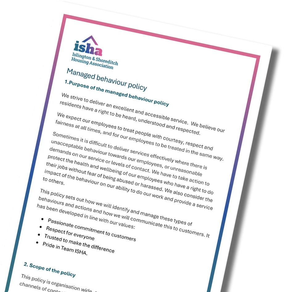 The first page of ISHA's managed behaviour policy.