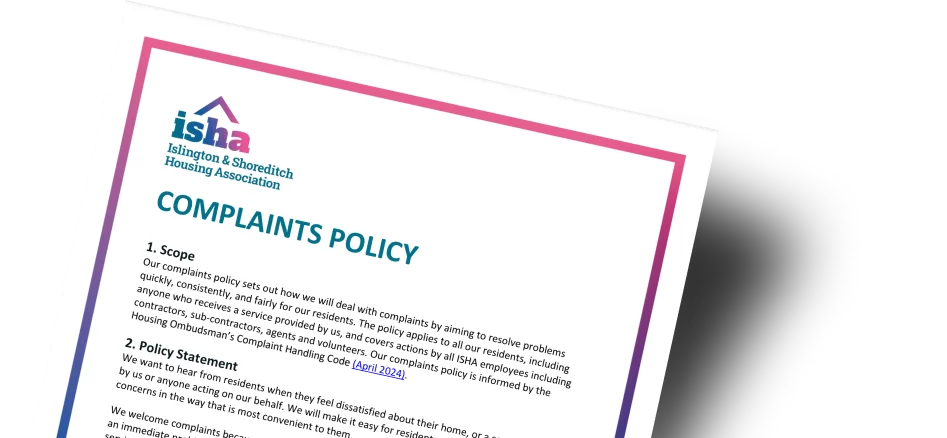 Part of the first page of ISHA's complaints policy.