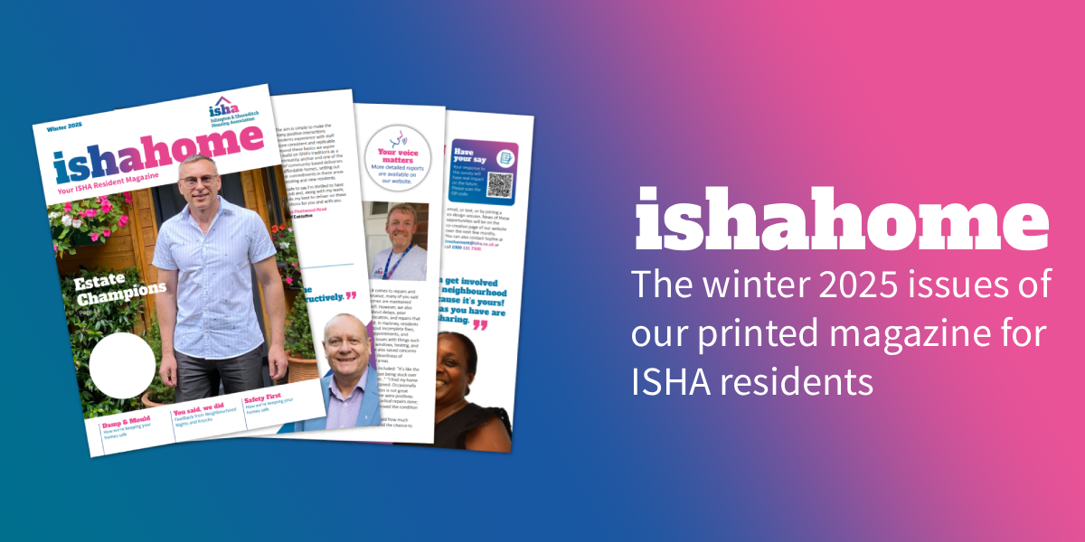 The cover and example pages for the winter 2025 ishahome residents' magazine.