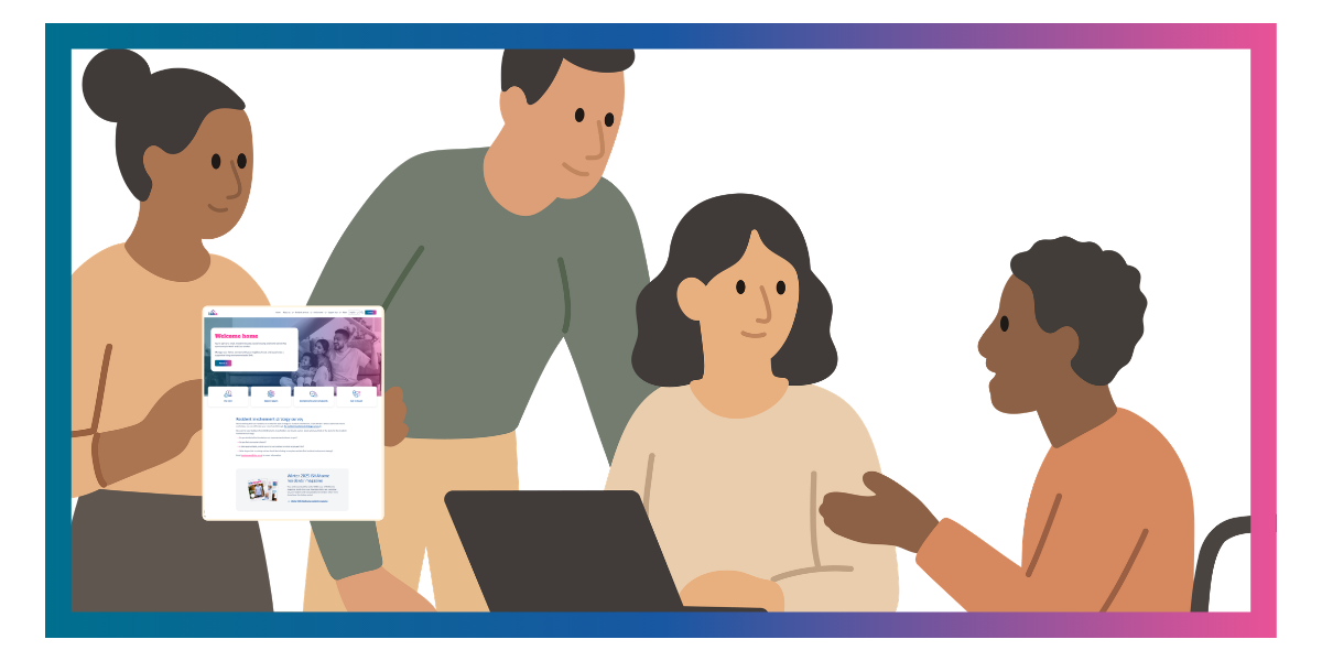 An illustration showing people working together around a table and laptop.