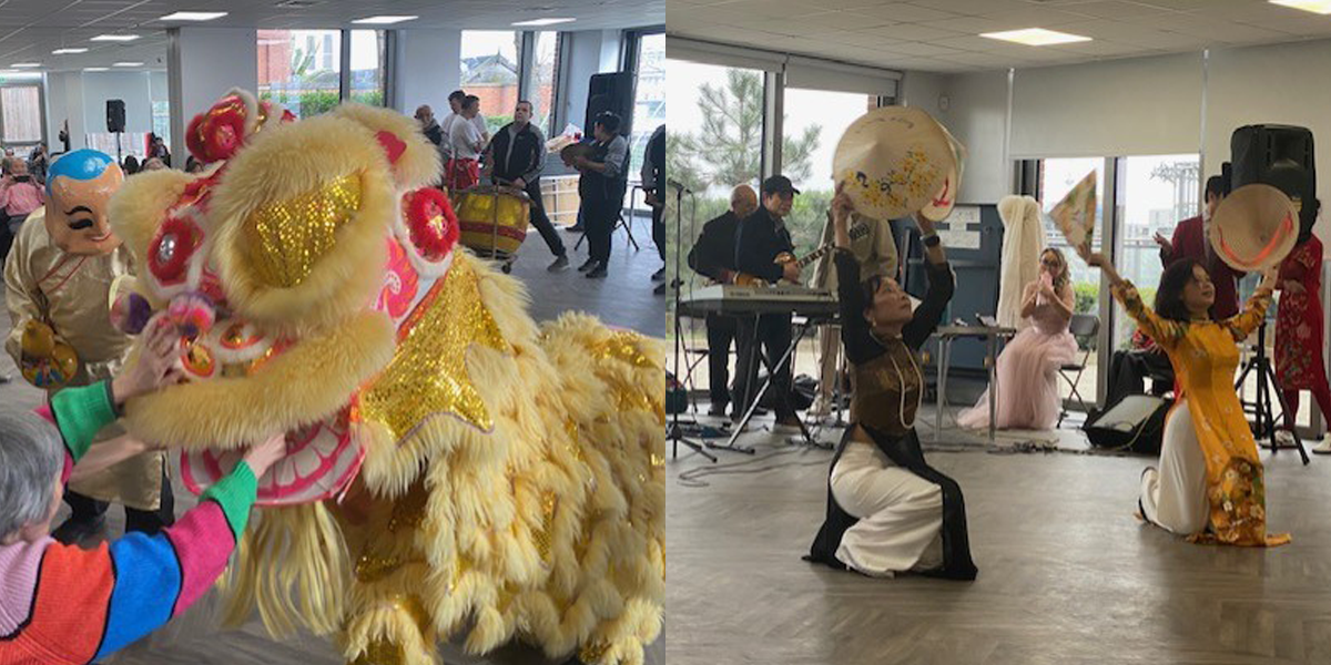 A traditional dragon dance and dancers at a Lunar New Year celebration hosted by CRV in 2026.