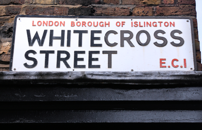 A street sign for Whitecross Street in Islington.
