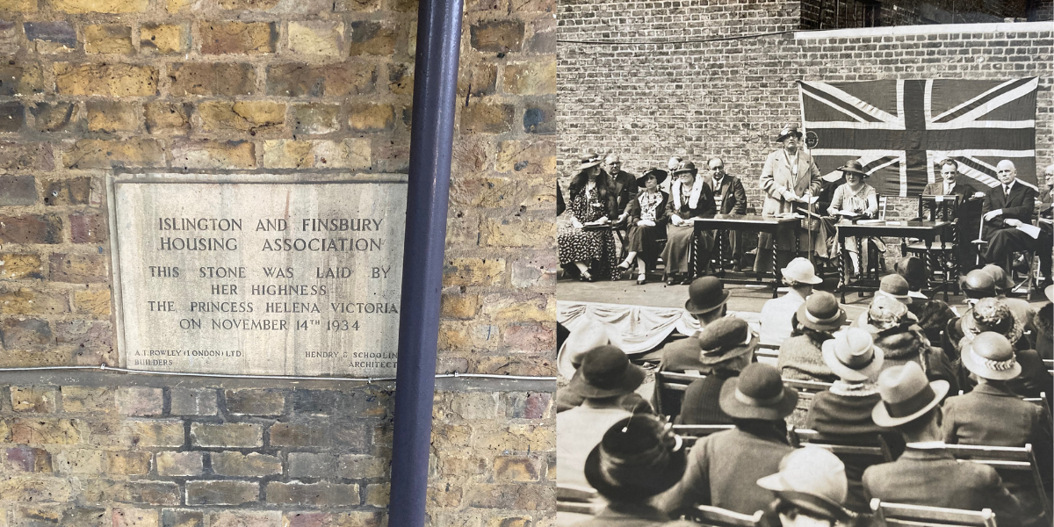 Commemorative brick at St Katherine's House and a picture of it's opening ceremony.
