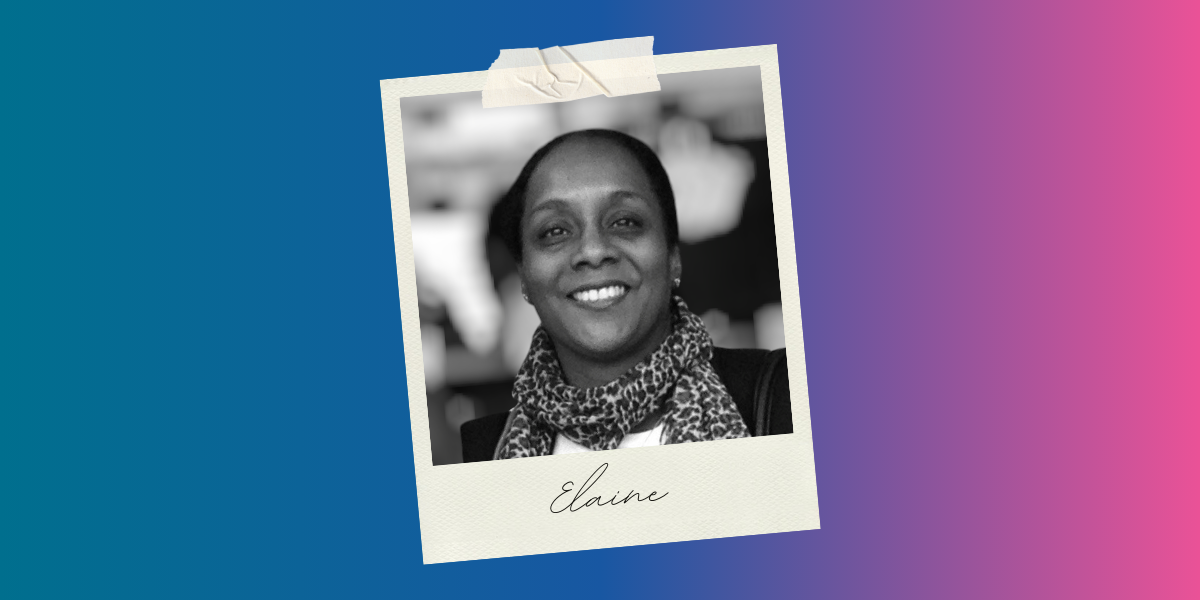 A black and white polaroid style photo of Elaine against a gradient background.