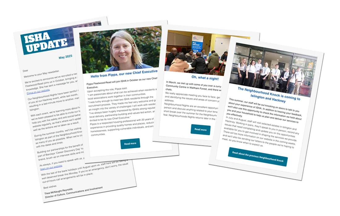 A composition showing some of the articles from May issue of the ISHA Update email newsletter.