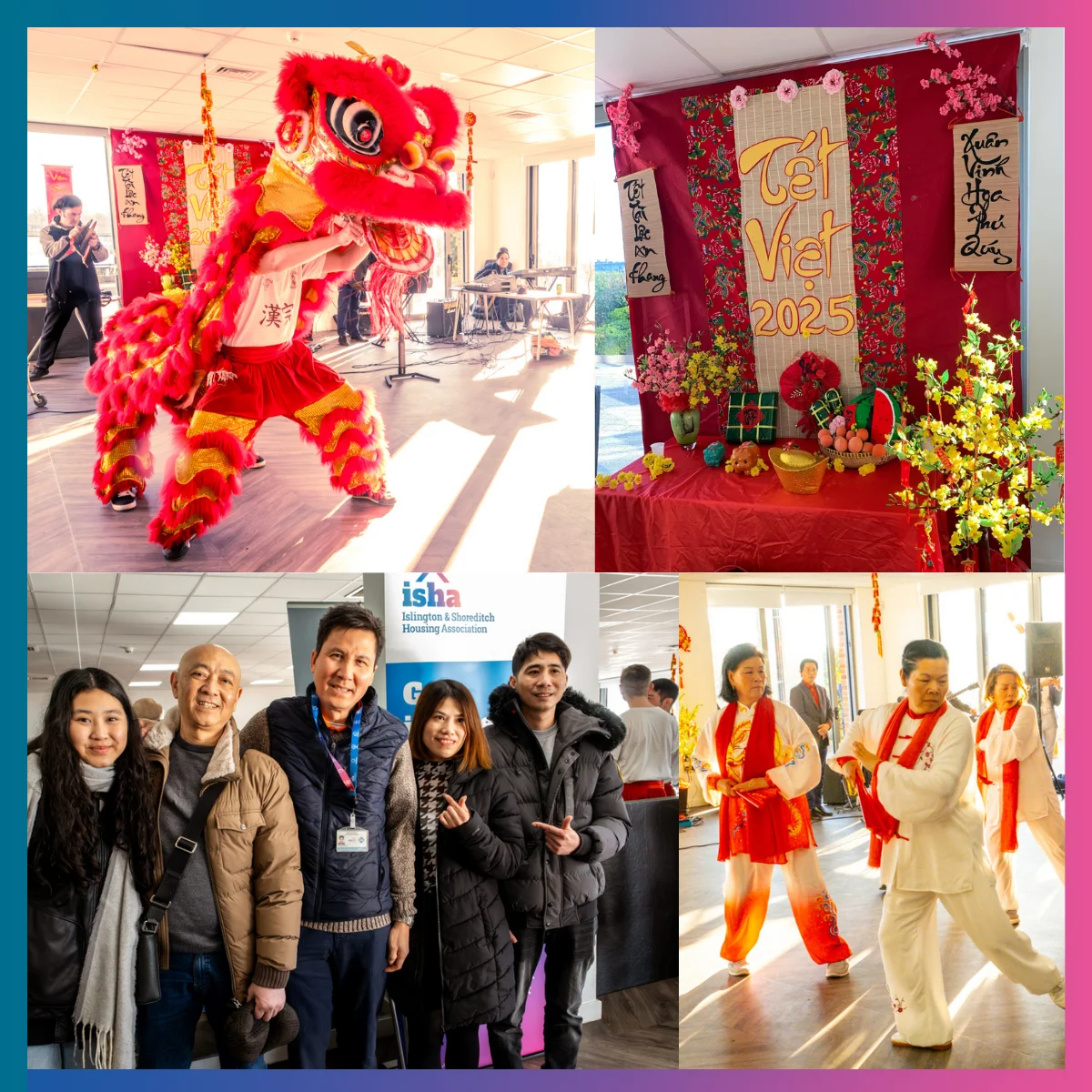 A montage of images from the 2025 Lunar New Year (Tết) celebrations. Images include a dragon, a shrine, Vietnamese residents and dancers.
