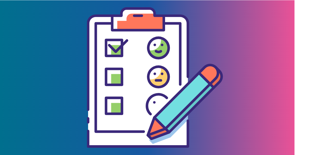 A graphic representing a survey with different faces and a pen/pencil.