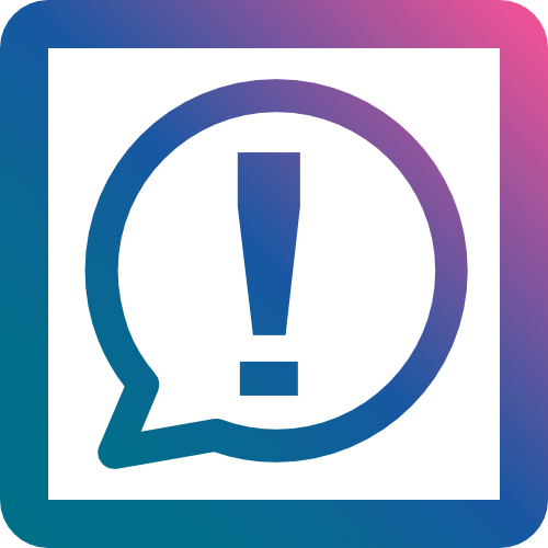 A graphic showing an exclamation mark inside a speech bubble.
