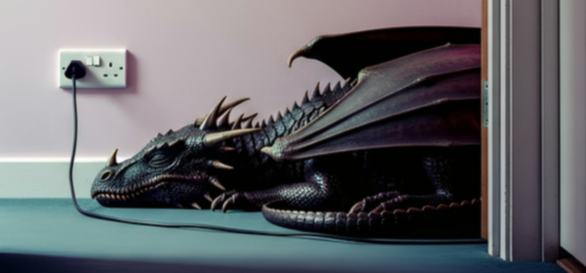 In the hallway of a home, a charger is plugged into an electrical socket at one end and a large black sleeping dragon at the other.
