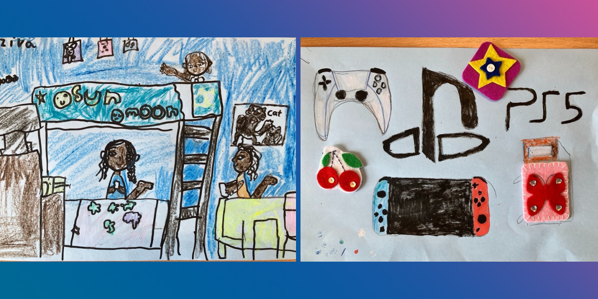 A drawing of a child's room and a collage made of drawings and fabrics.